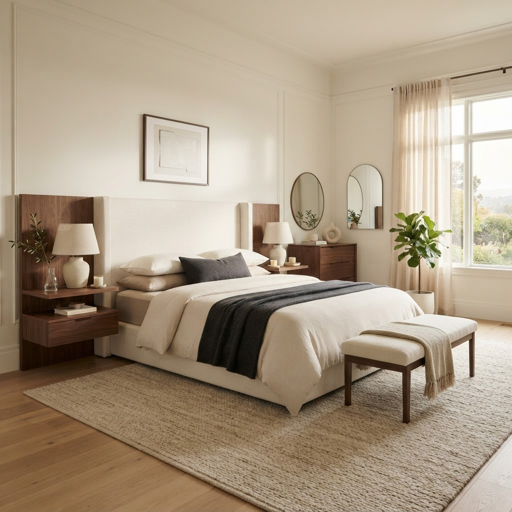 Quiet hospitality suite with custom walnut bedside joinery and soft ivory textiles